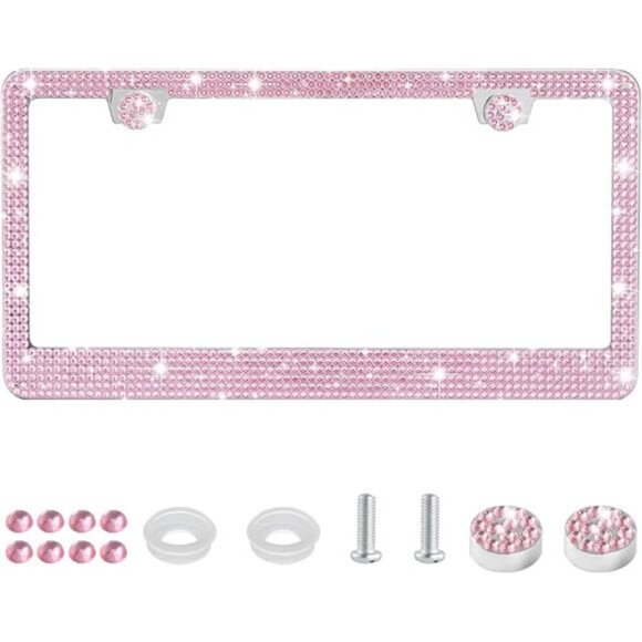 Bling License Plate Frame Rhinestone Crystal Stainless Steel Sparkle Pink - Picture 1 of 6
